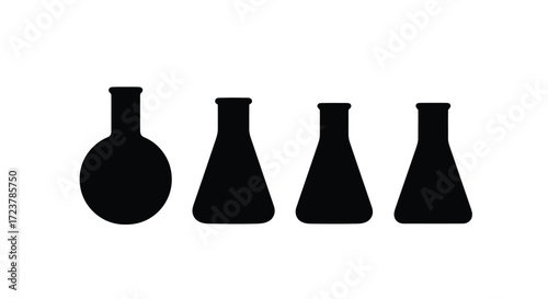 Four black silhouette laboratory glassware flasks including erlenmeyer and round bottom flasks vector