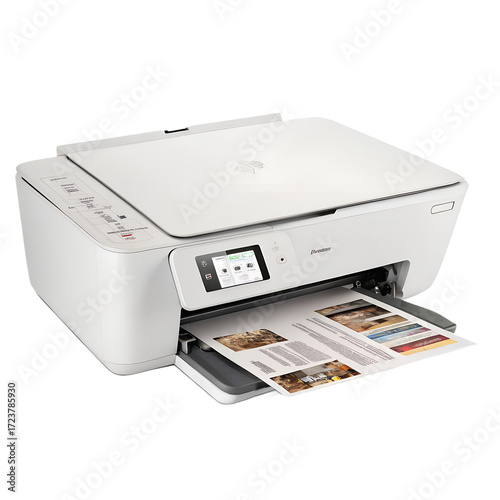 Modern white hp printer with a document in the output tray, isolated on transparent background, showcasing its design