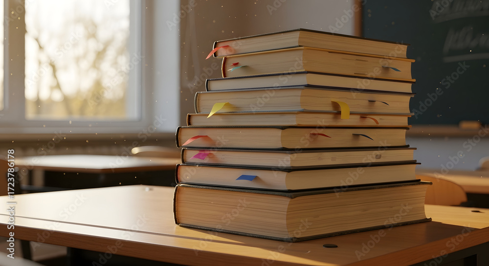 Fototapeta premium Tall Stack of Books with Colorful Bookmarks on Classroom Desk Bathed in Warm Golden Sunlight