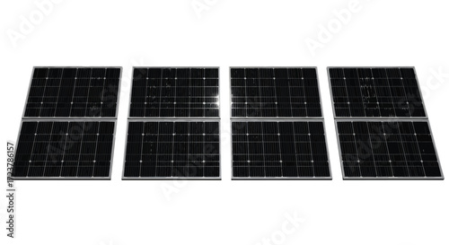 Modern sleek black solar panels arranged in a row for clean energy generation on white. vector