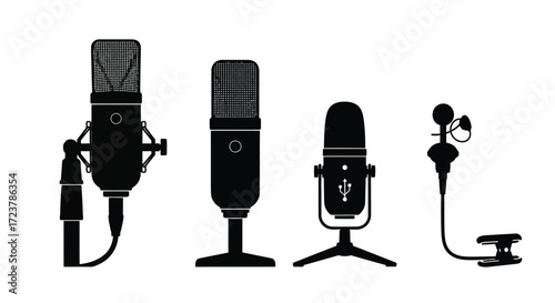 Diverse microphone collection recording equipment studio broadcast podcasting music production vector