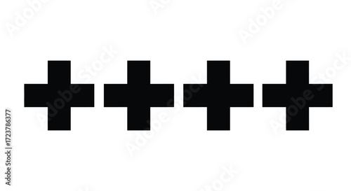 Four bold black plus symbols in a row on a white surface representing addition vector