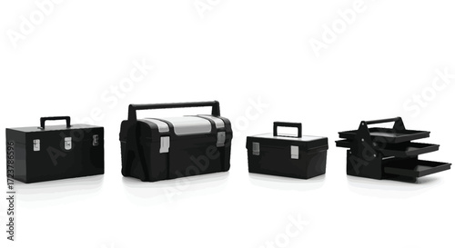 Four black toolboxes of varying sizes arranged in a row on a plain surface vector