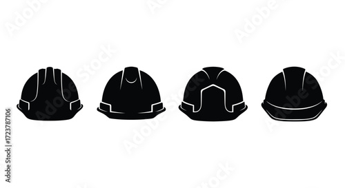 Four black hard hats lined up showing different angles of construction safety headwear vector