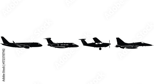 Silhouettes of four diverse aircraft including jet airliner small jet propeller plane and fighter jet vector