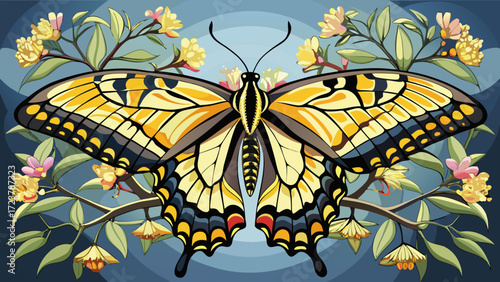 Perched on a blooming branch, the giant swallowtail butterfly opens its wings fully, yellow and black patterns glowing in soft light, capturing elegant symmetry and delicate beauty for an enchanting i