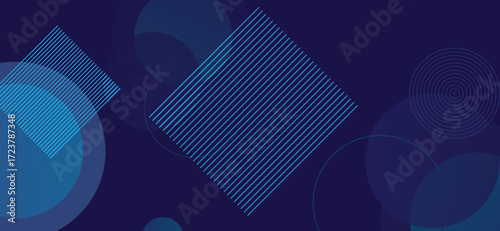 Abstract dark blue background features geometric shapes with lined squares and soft circles for a modern, minimalistic design showcasing different shades of blue colors