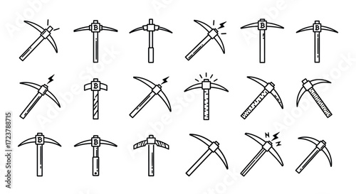 Collection of mining tools and picks in a hand-drawn sketch style for construction and geology vector