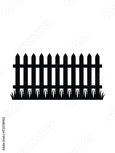 Black silhouette of a wooden picket fence with grass on a white background