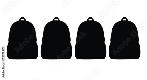 Four black backpacks lined up isolated studio shot minimalist accessory design vector