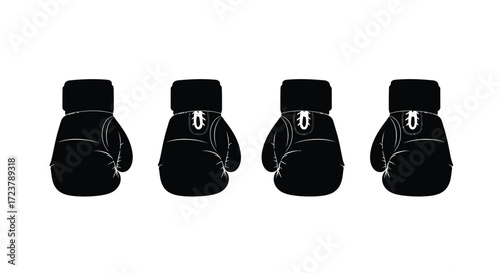 Four black boxing gloves lined up side by side ready for training and competition vector
