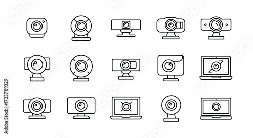 Collection of webcam icons for digital communication and online meetings featuring various styles vector