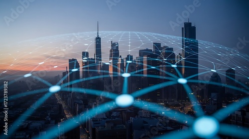 Modern city skyline connected by global network, perfect for technology or business