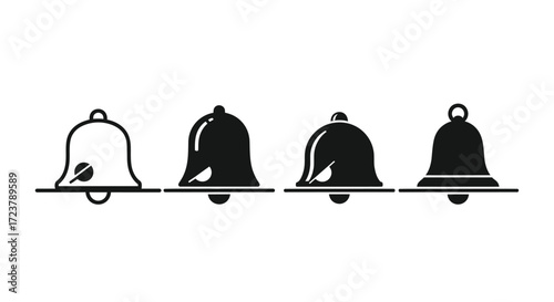 Set of four notification bell icons showing different ringing states for online content alerts vector
