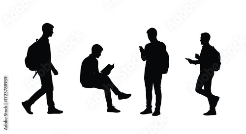 Diverse silhouettes of people engaged with technology and mobile devices vector