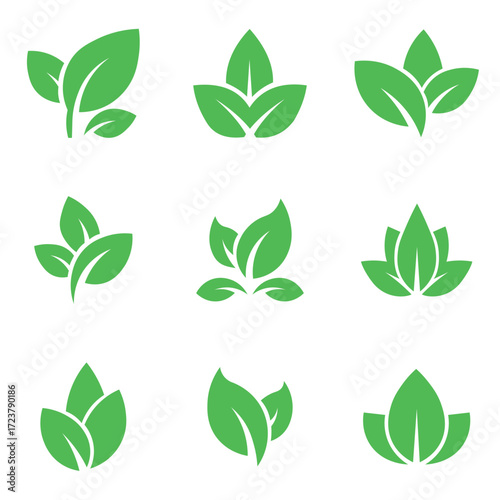 Vector art of a collection of nine minimalist green leaf icons, representing nature, growth, and organic concepts