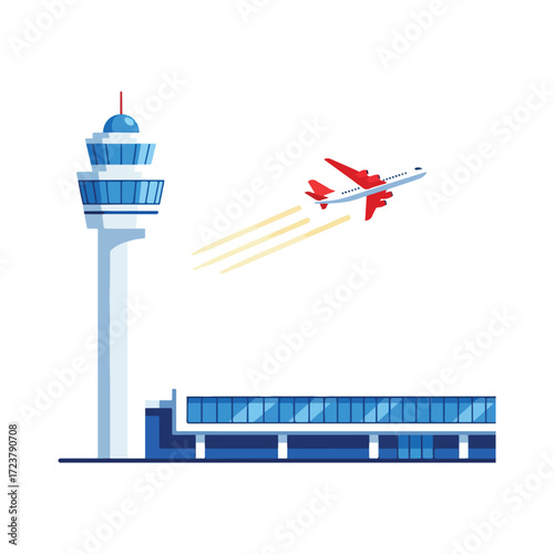 Airport Control Tower and Takeoff Vector Illustration