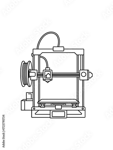 Line drawing of a 3d printer with filament spool