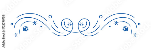 Winter linear divider. Holiday filigree border with snowflakes.