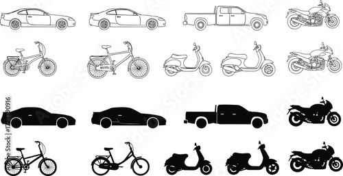 Diverse Collection of Vehicle Silhouettes and Line Drawings, Showcasing Cars, Trucks, Scooters, and Bicycles