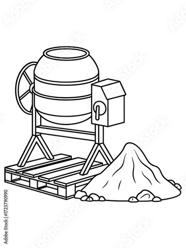 Line art illustration of a cement mixer and pile of sand