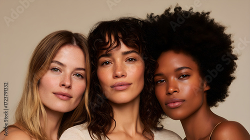 Portrait of three diverse young women with natural makeup and glowing skin. Multiethnic female group posing together. Beauty, skincare and diversity concept