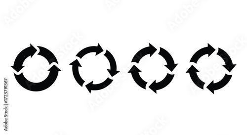 Four circular arrow symbols representing recycling process cycles and continuous movement vector