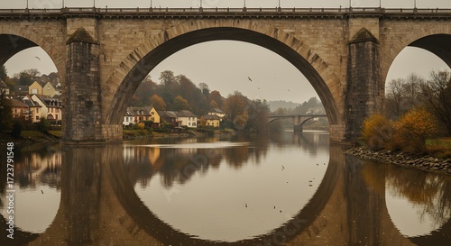 Stone bridge over river reflecting town