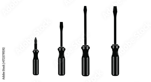 Four screwdrivers of varying sizes with black handles isolated studio shot vector