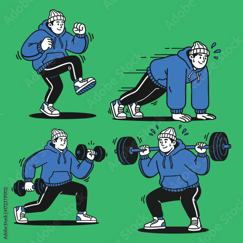 Cartoon man in blue hoodie and beanie does four exercises on green high knees push-up lunge and squat with barbell