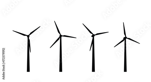 Four silhouette wind turbines in a row showing different blade positions and angles for renewable energy vector