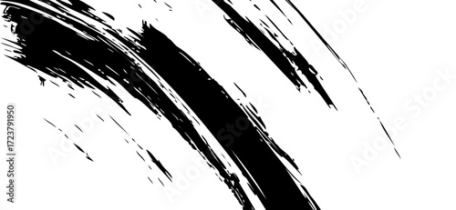 Dynamic black brush strokes on a white background create an abstract, textured pattern with bold diagonal lines and distressed edges, suggesting artistic expression and graphic design