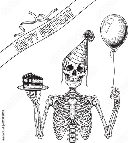 Skeleton Birthday Party Illustration – Funny Undead Character with Cake, Balloon, and Party Hat
