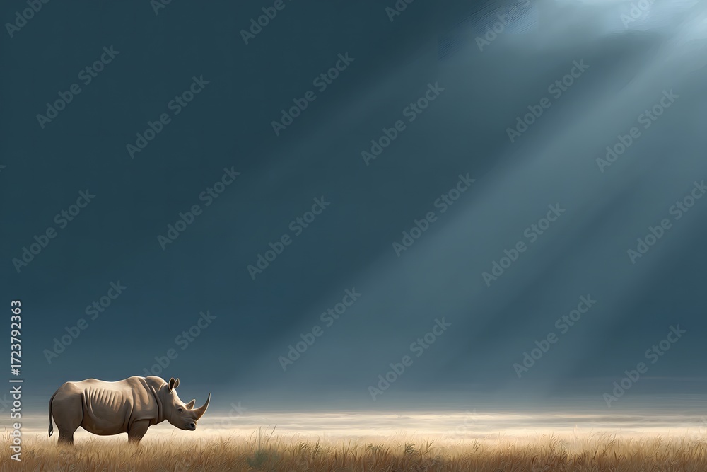Fototapeta premium Rhinocerous Standing Alone Under Dramatic Sky with Rays of Light