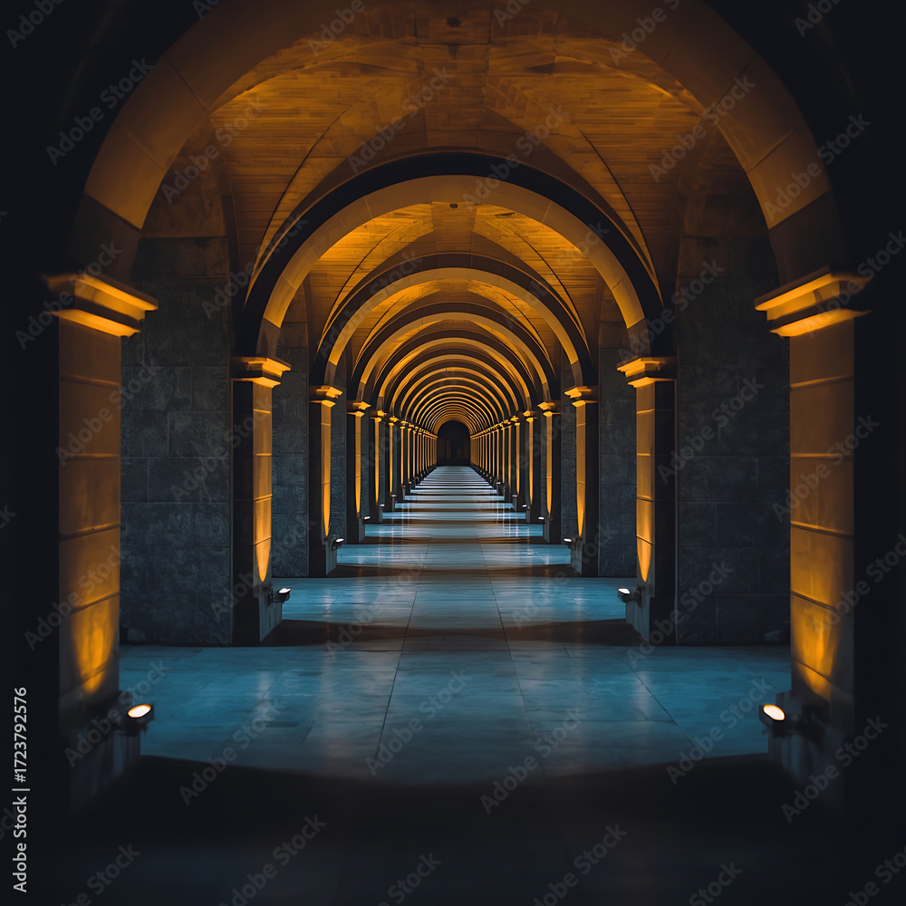 Fototapeta premium Long corridor with symmetrical stone arches, illuminated by warm yellow lights, creates a dramatic architectural passage. It features a mysterious hallway with cool blue floor tiles and a striking tun