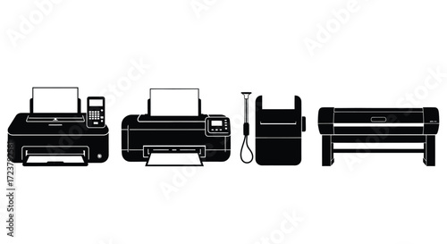 Collection of various inkjet and large format printers rendered in simple graphic style vector