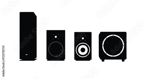 Four black audio speaker cabinets arranged in size order for sound system display vector