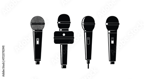 Diverse collection of four classic microphones representing audio recording and performance vector
