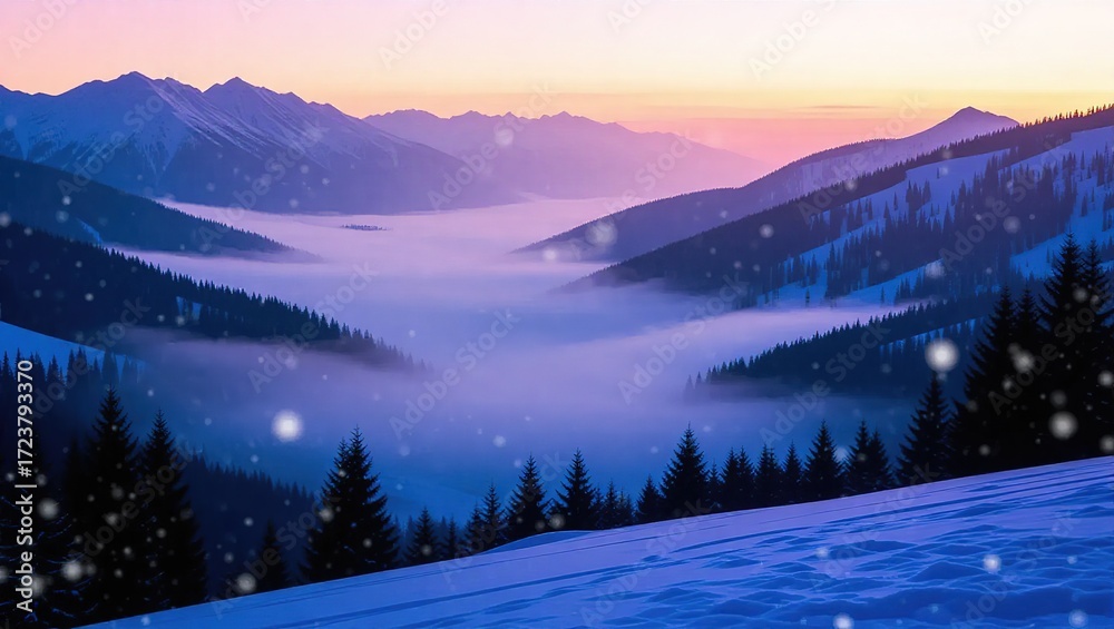 Obraz premium Serene Winter Sunset Over Misty Mountain Valley