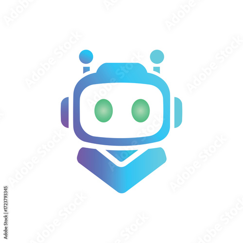 Vector art of blue and purple gradient robot head icon with glowing green eyes