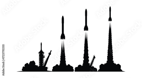Rocket launch sequence silhouette series four stages of spacecraft ascent vector