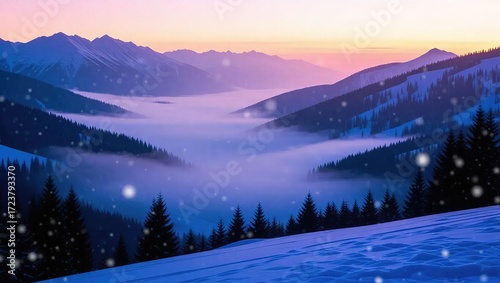 Serene Winter Sunset Over Misty Mountain Valley