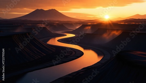 Serpentine River Winding Through Volcanic Landscapes at Sunset