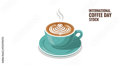 Premium stock image of a steaming cup of artisanal coffee with latte art, perfect for international coffee day promotions and cafe branding
