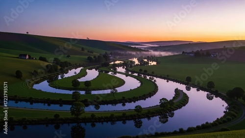 Serpentine River Meanders Through Lush, Rolling Hills at Dawn