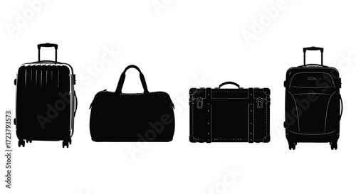 Set of four black silhouettes of luggage and bags for travel and transportation vector