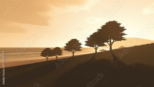 Silhouette Trees on Hillside Overlooking Beach at Sunset