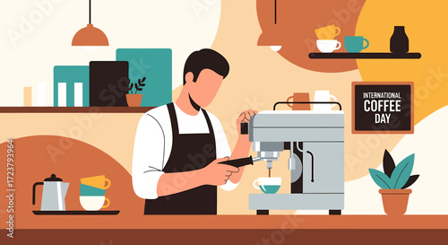 Professional barista crafting a perfect cup of coffee with an espresso machine in a stylish cafe vector art