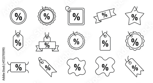 Collection of discount tags and labels featuring percentage symbols for sales and promotions vector