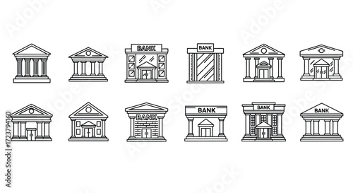 Collection of classical architecture buildings government institutions law and finance symbols line drawings vector